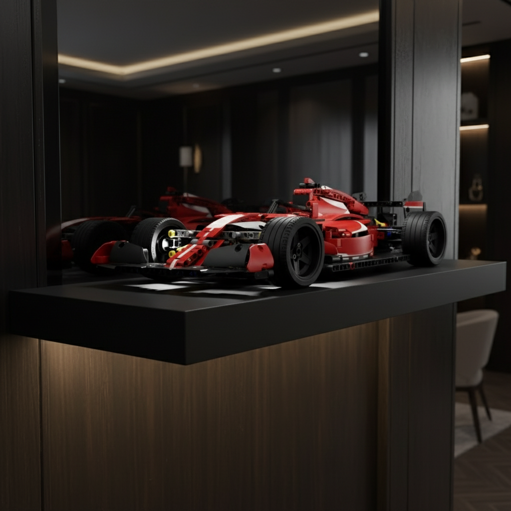 F1-bil på svart hylle med gull