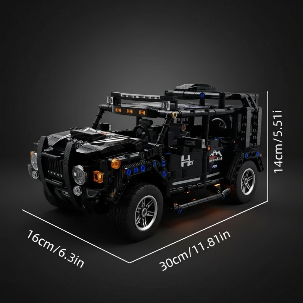 Hummer H1 byggesett med dimensjoner og mørk bakgrunn